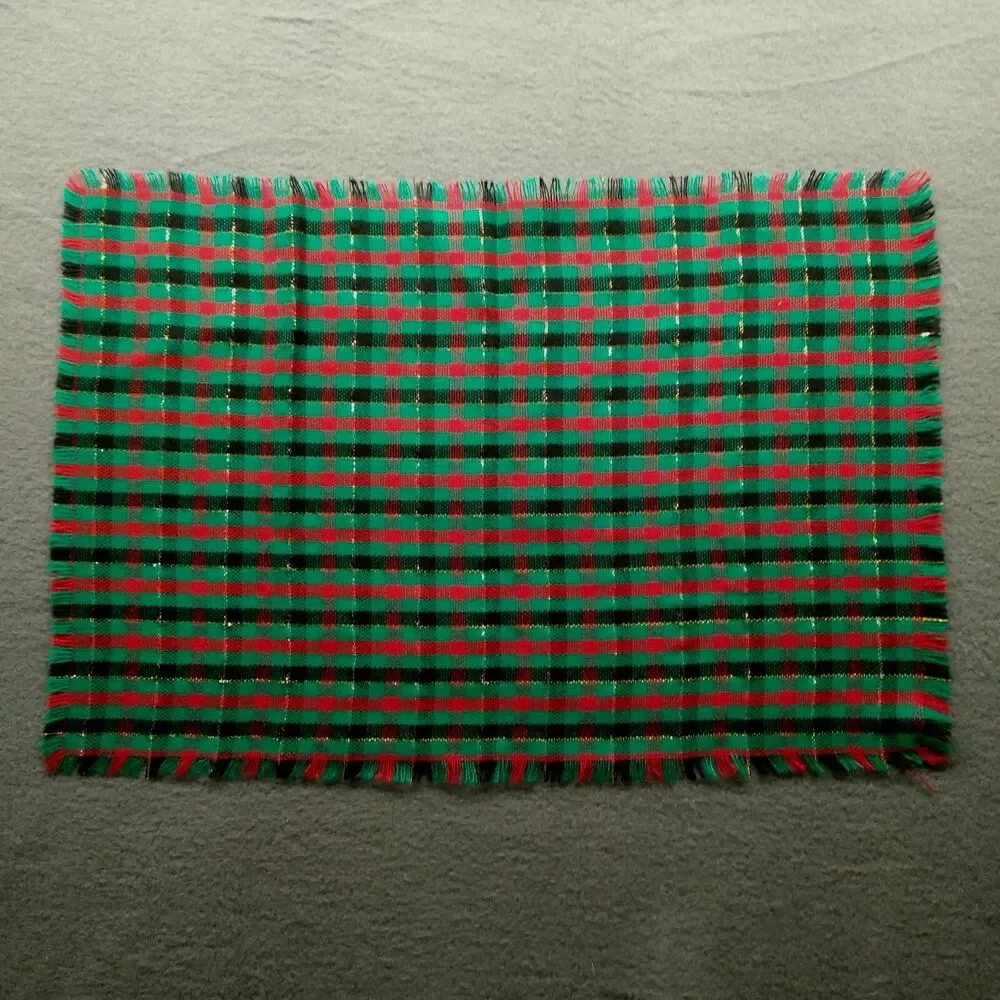 Christmas Napkins Plaid Cloth 6 Red Green Fringe Gold Metallic Sparkle Vintage